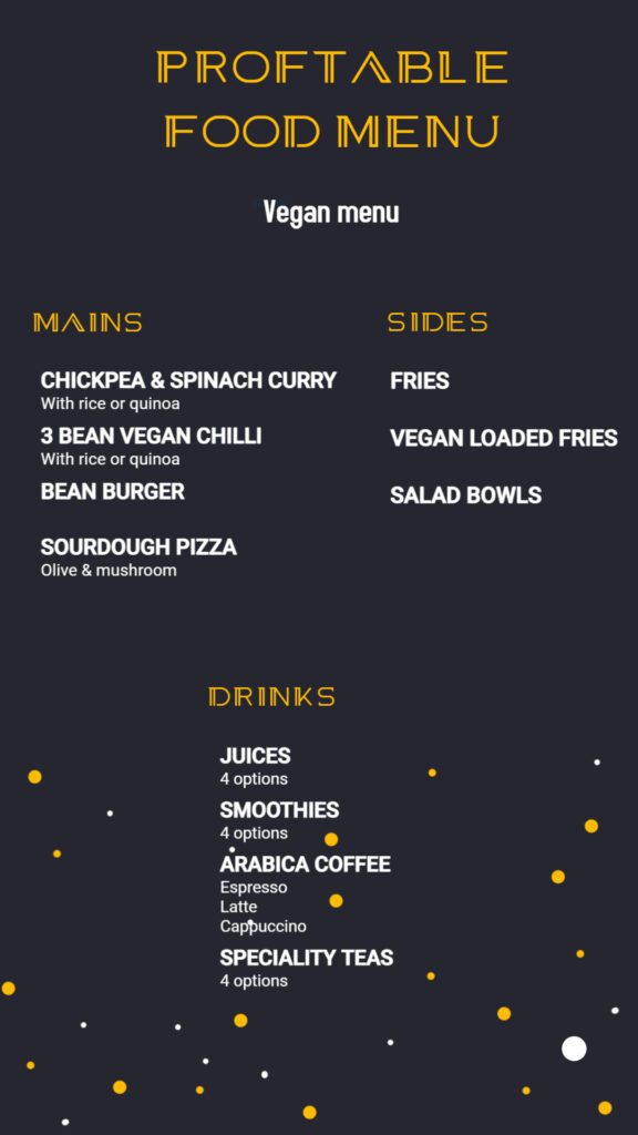 Profitable food menu example